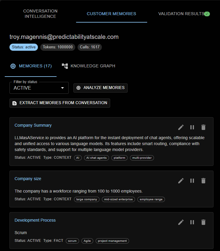 LLMAsAService customer memories and validation workspace